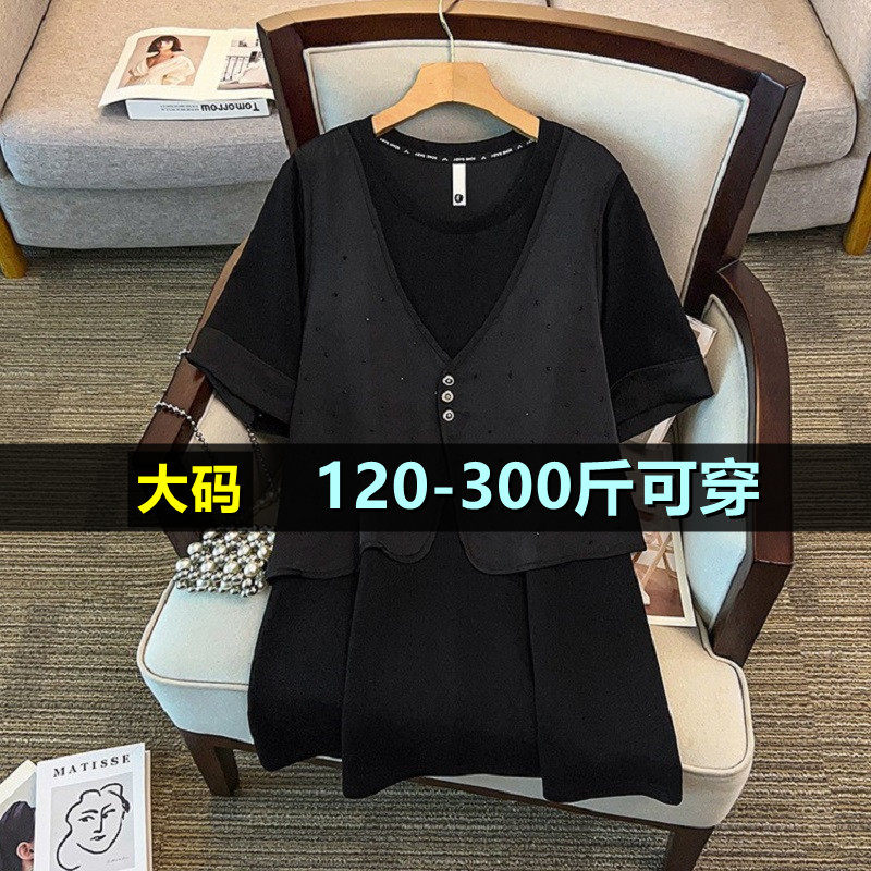 大码假两件短袖连衣裙女春夏