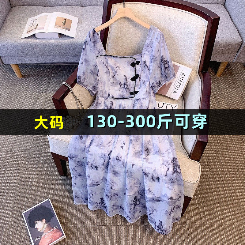 特大码中国风连衣裙女夏季胖mm200斤加肥减龄230显瘦改良旗袍裙子