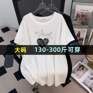 宽松显瘦纯棉短袖 大码 T恤女200斤胖mm300加肥半袖 中长款 上衣 短袖