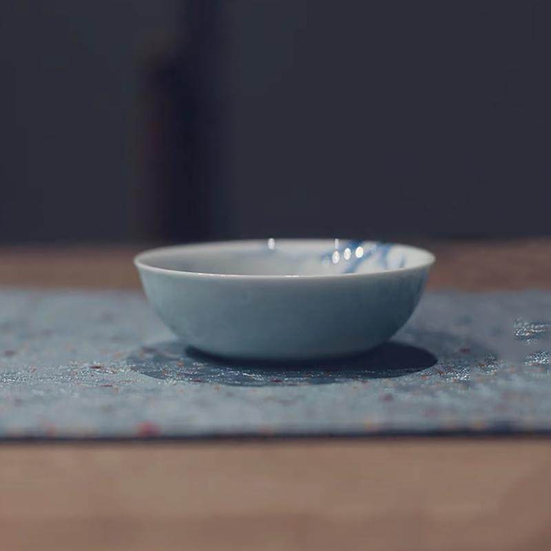 |勿念|《水漾蓝》青瓷元宝小号盖碗普洱茶釉下手绘梅花 文人茶器