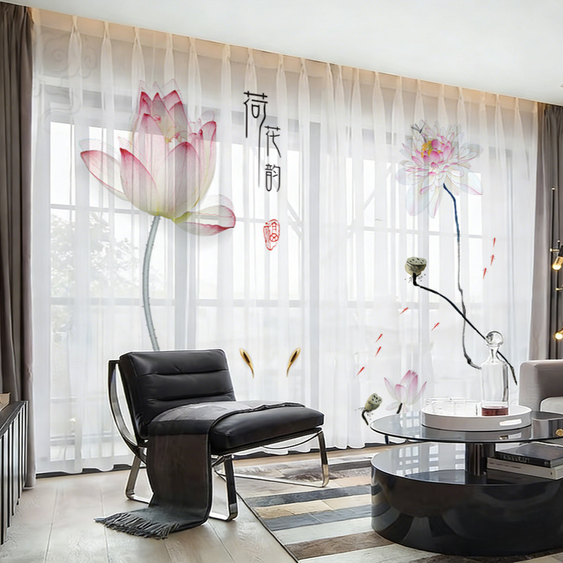 新中式窗帘纱禅意荷花图案书房茶室卧室客厅中国风纱帘透光不透人