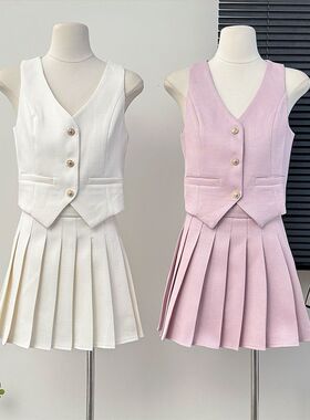 法式小香风单排扣开叉西装马甲吊带背心女夏季高腰百褶短裙两件套