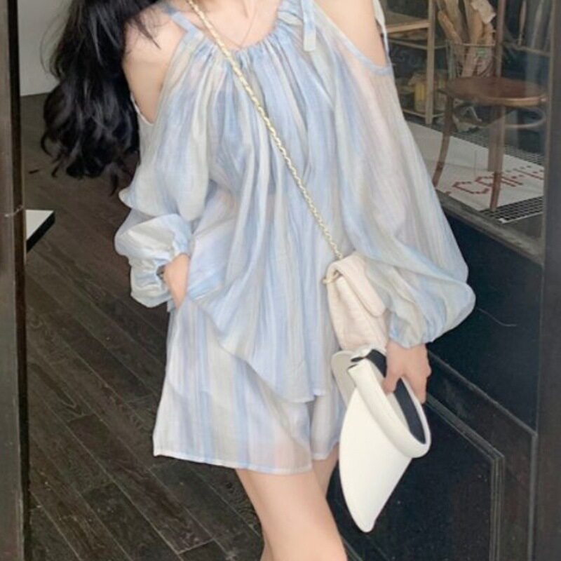 法式纯欲套装女夏季2026薄款露肩长袖防晒衬衫阔腿短裤扎染两件套