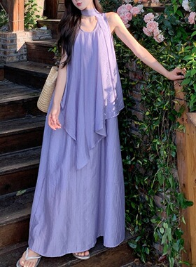 时尚无袖背心连衣裙女2026夏季新款巨好看海边度假不规则拼接长裙