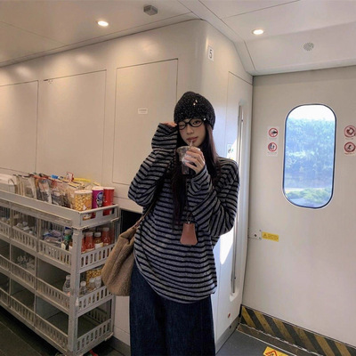 韩系松弛感撞色条纹长袖t恤女早秋季2025新款慵懒风韩版宽松上衣