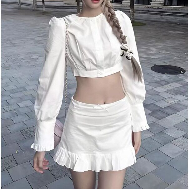 法式长袖短款白色衬衫上衣女秋季穿搭套装荷叶边包臀半身裙两件套