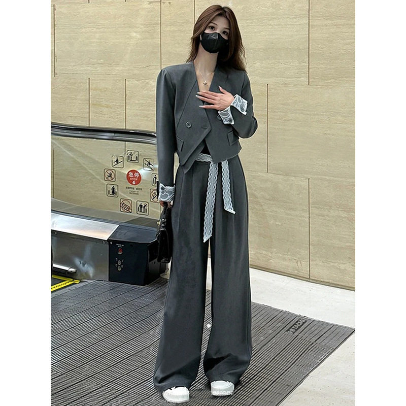 西装套装女2026春季新款蕾丝飘带翻袖西装外套+直筒裤气质套装