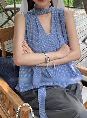 韩系新款2026时尚感设计感无袖V领波点飘带衬衫宽松薄款复古背心
