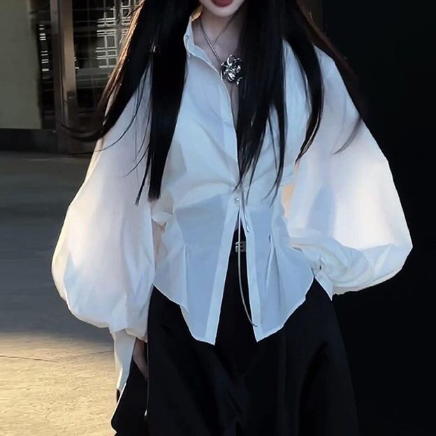 春季穿搭一整套女白色灯笼袖衬衫黑色阔腿裤感休闲两件套潮