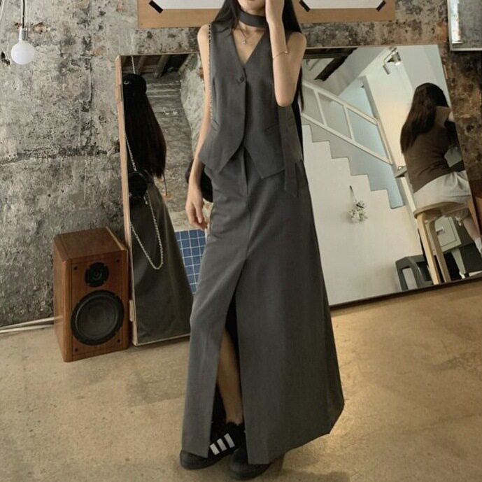 气质复古西装套装无袖灰色马甲背心女夏季开叉半身裙感两件套