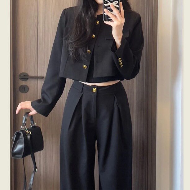 气质套装女2026春秋季新款时尚短款西装外套上衣高腰直筒裤两件套