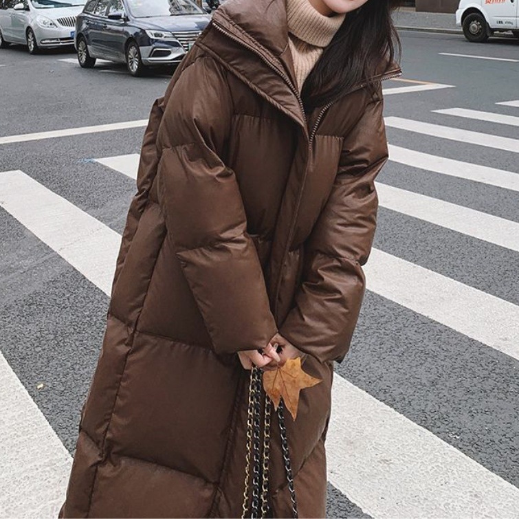 咖色免洗PU棉服女中长款秋冬季新款流行炸街加厚立领棉服外套