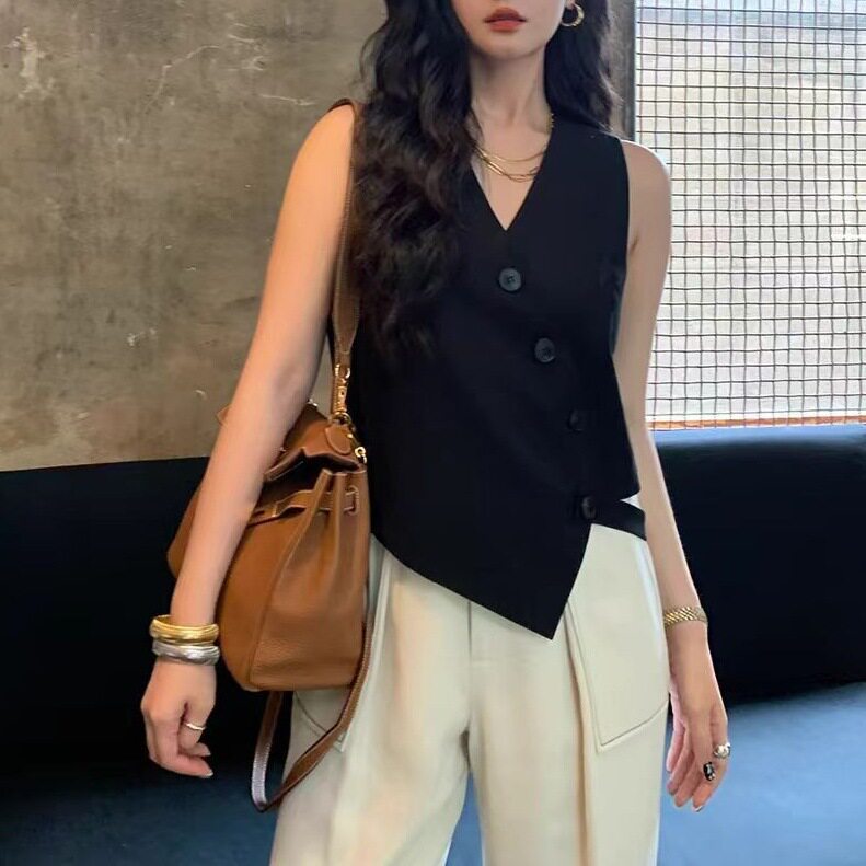 不规则个性时尚黑色西装马甲女款2025新款夏季短款背心马夹女外穿