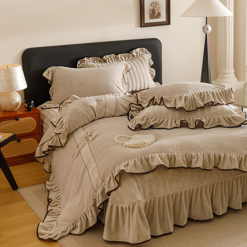 荷叶边雕花全消光绣花牛奶绒四件套床裙夹棉床盖床单床罩床套冬季