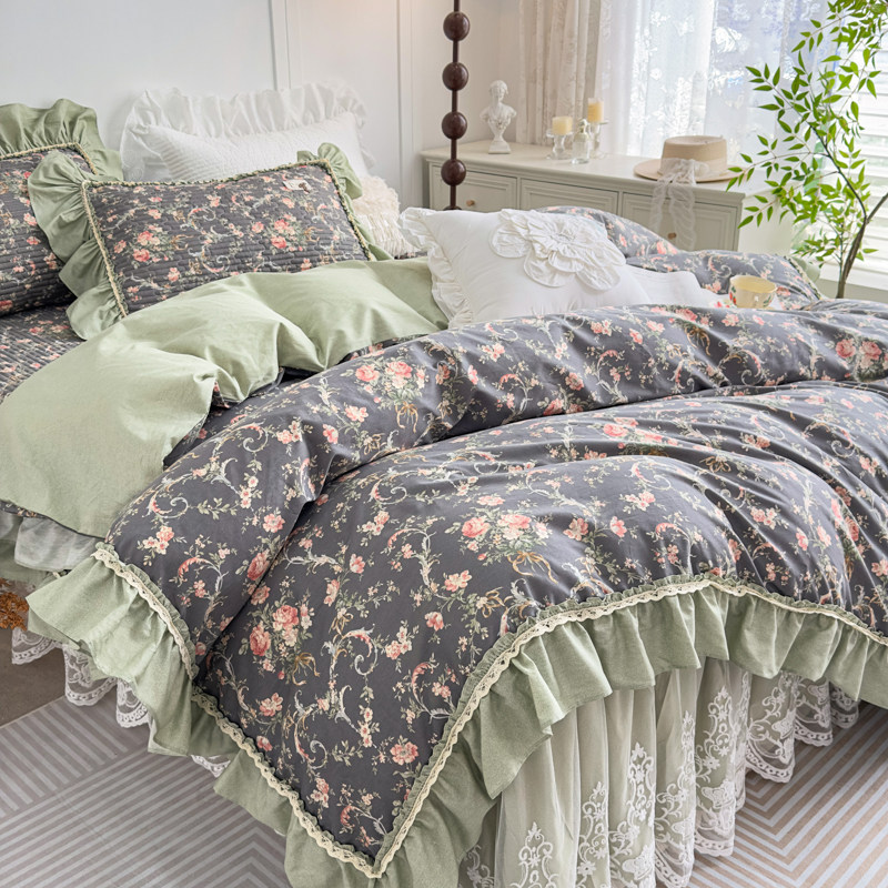 浪漫法式 复古公主风全棉四件套少女纯棉蕾丝床裙式床单4件套秋冬