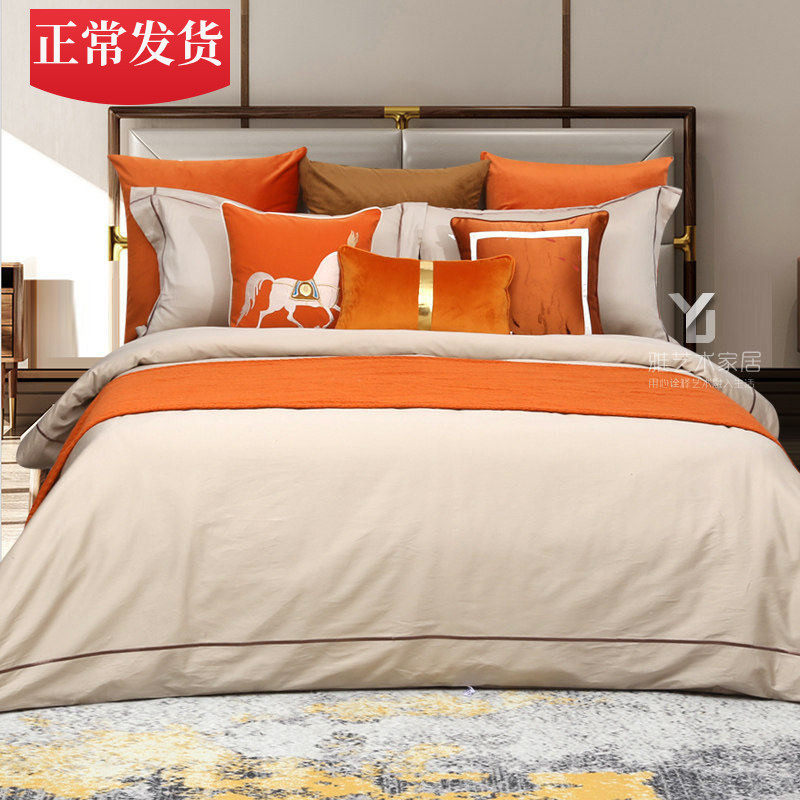 美式简约现代轻奢床上用品展厅摆场纯色新中式床品样板间多件套