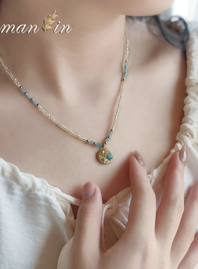 湖蓝色天然石头彩色串珠锁骨链