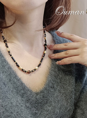清冷风甜酷黑色串珠叠戴项链