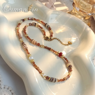 复古橘棕色多巴胺串珠装饰项链