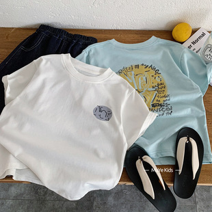 童装薄款美式风韩式圆领短袖T恤男女童纯棉涂鸦印花百搭上衣夏季