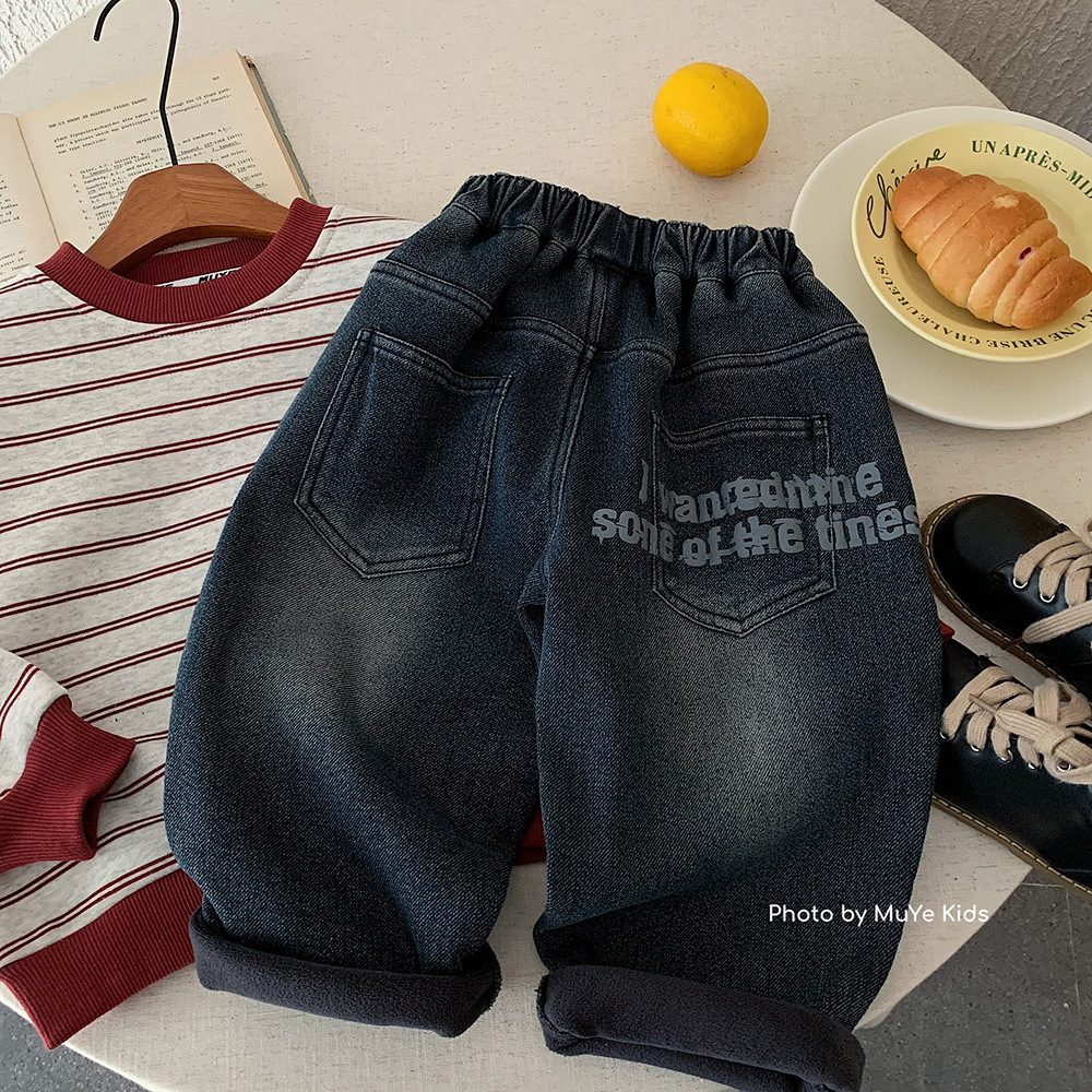儿童加绒牛仔裤男童酷帅字母印花