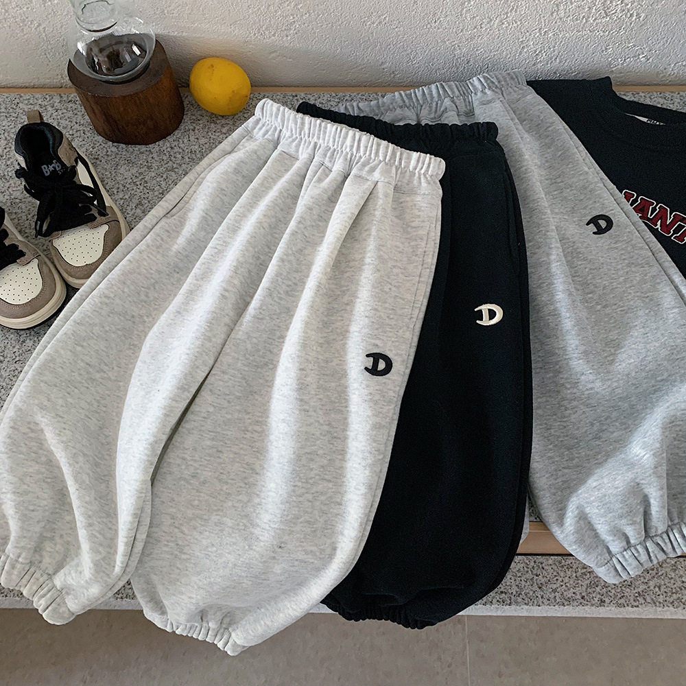 儿童加绒束脚卫裤男女宝宝韩版刺绣休闲裤百搭运动裤加厚保暖裤潮