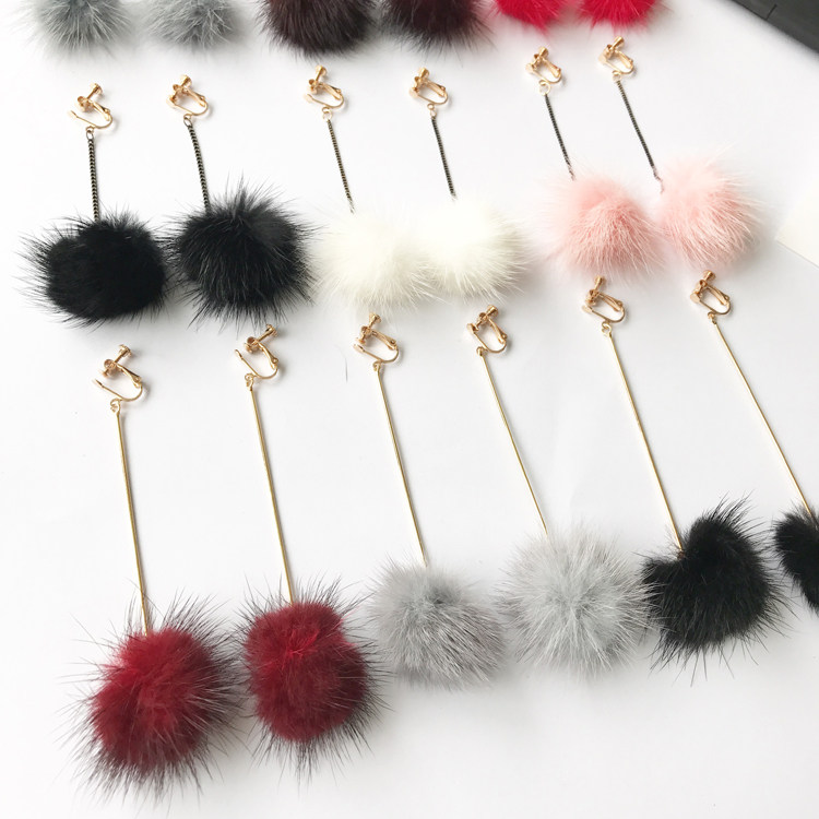 2024韩版复古长款链条流苏毛球球耳夹无耳洞女耳坠耳环耳钉女饰品