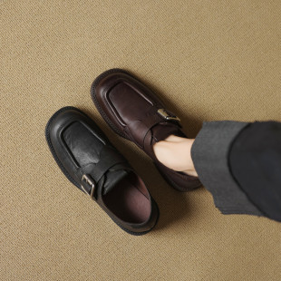通勤百搭粗跟单鞋 女英伦风皮带扣乐福鞋 女 复古风真皮小皮鞋 羊皮版