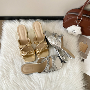 女夏外穿方头异形跟高跟凉鞋 蝴蝶结一字带坡跟凉拖鞋 增高7cm法式