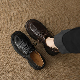 羊皮版复古风真皮小皮鞋女系带英伦风乐福鞋通勤厚底中粗跟单鞋女