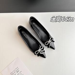 真皮版～增高6cm水钻蝴蝶结尖头浅口单鞋女法式不累脚粗跟高跟鞋