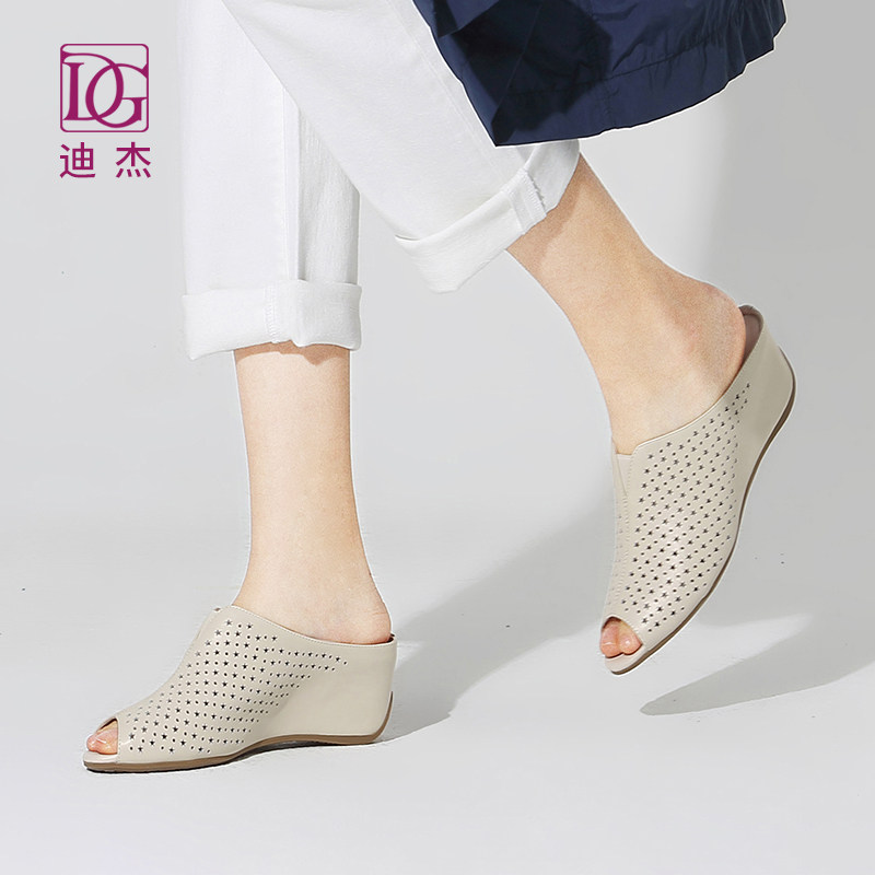 凉拖鞋女外穿DG夏季坡跟增高时尚外出防滑真皮镂空懒人鱼嘴鞋