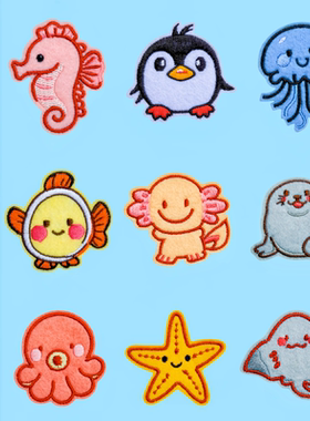 可爱海洋动物刺绣贴龙骧包收纳袋自粘布贴衣服衬衫破洞修饰补丁贴