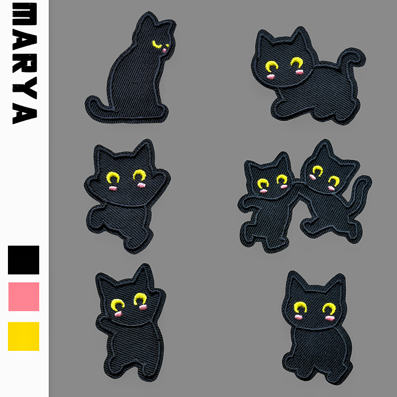 原创小黑猫刺绣布贴衣服补丁贴羽绒服修补破洞贴布帽子包包装饰贴