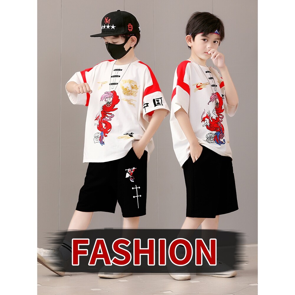 儿童中国风演出服国潮嘻哈国风短袖套装中秋节男童新中式汉服唐服
