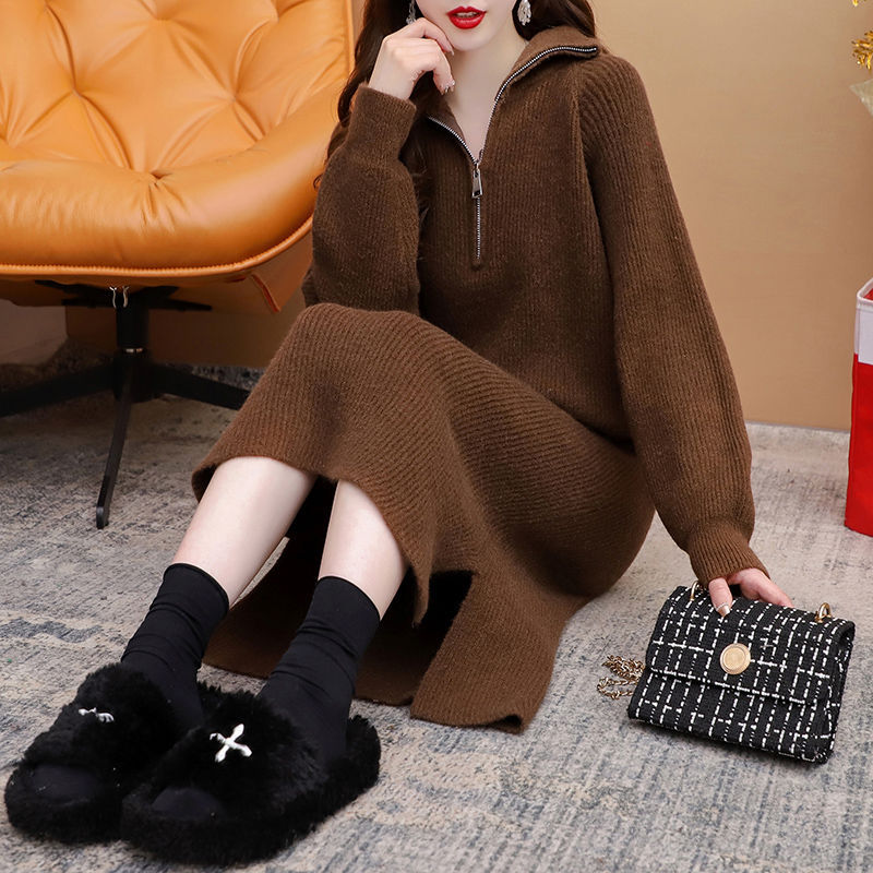 大码胖mm200斤长款过膝高领毛衣