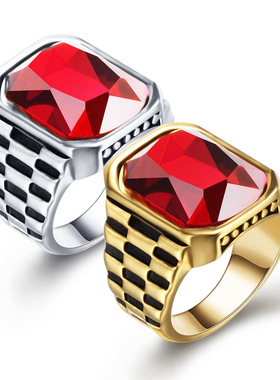 瑞铂朗个性潮流戒指 镶嵌红色宝石潮流饰品 钛钢戒指指环直批