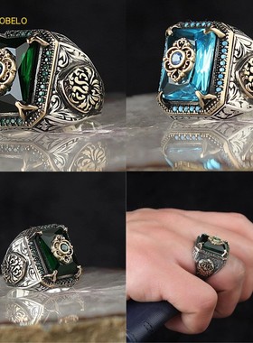 瑞铂朗 欧美跨境新品男士复古方形宝石戒指 朋克嘻哈个性潮款指环