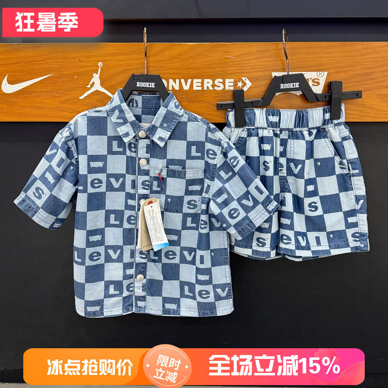 李维斯童装经典短袖牛仔格子衬衫夏款宽松百搭轻薄衬衣 LV2522005