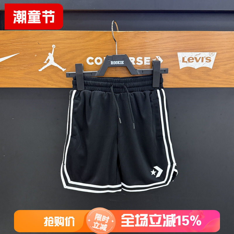 匡威Converse运动短裤男女同款条纹拼接松紧腰休闲裤黑色CV252266