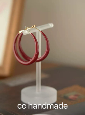 cc手作 红色新年款安可拉红耳环耳圈耳扣2新款气质耳饰春节显脸小