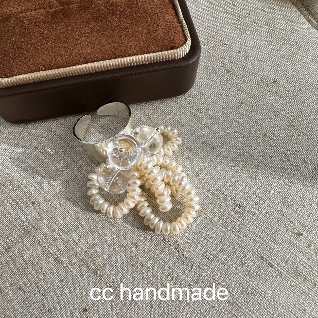 cc手作 水晶花系列 天然白水晶淡水珍珠串珠流苏宽版戒指开口指环