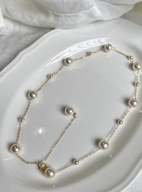 cc手作人造珍珠美产14k包金错落满天星项链简约百搭锁骨链颈链