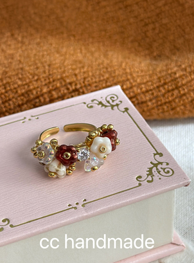 cc手作花环戒指手工编织进口捷克珠红色小花新年款指环s925银锆石