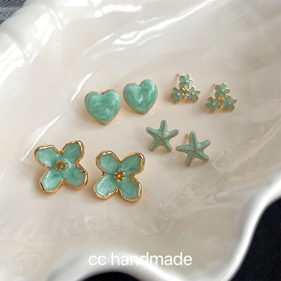CC手作925银针薄荷曼波滴油耳钉女花朵爱心海星耳环气质百搭简约