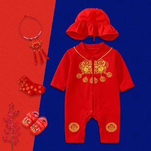 满月宝宝衣服女婴儿女孩夏季红色新生百天喜庆周岁礼服连体衣春秋