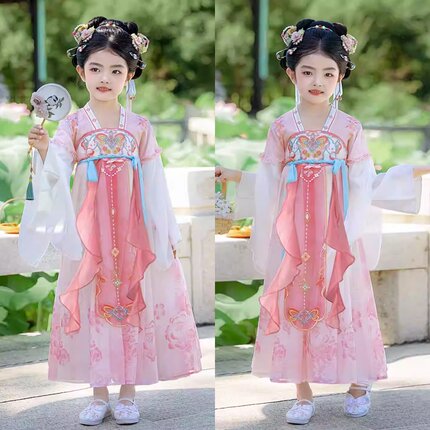 六一幼儿扇语春风演出服女童汉服襦裙粉色画中游桃花笑舞蹈服古风