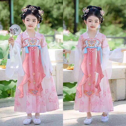 六一幼儿扇语春风演出服女童汉服襦裙粉色画中游桃花笑舞蹈服古风