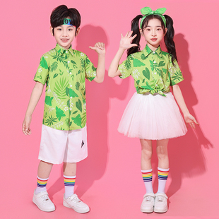 小学生晓风春雨合唱服蓬蓬裙演出服 六一立春舞蹈服儿童绿色花衬衫