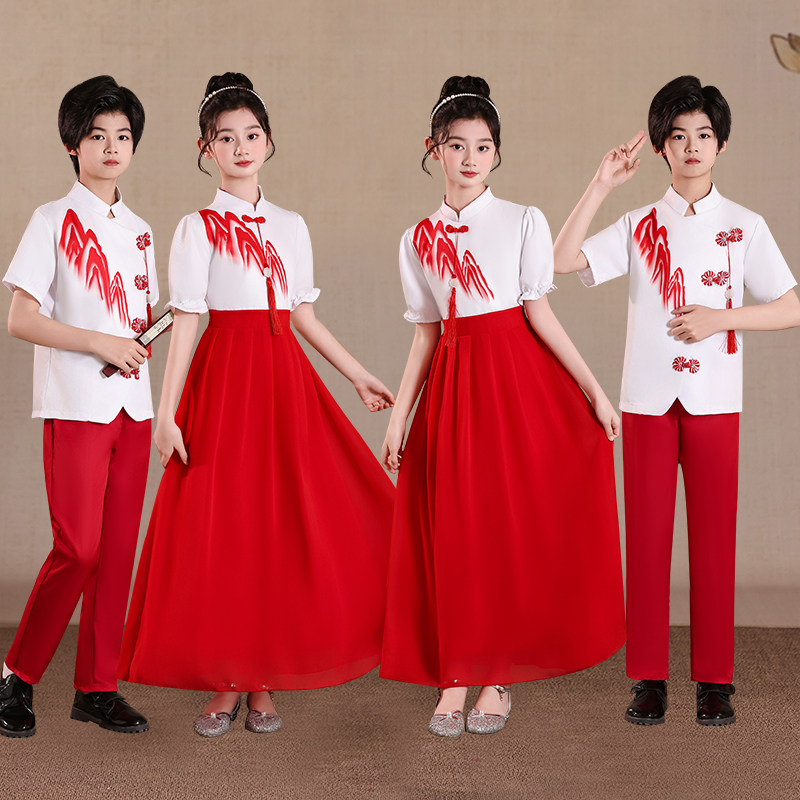中小学生绒花红歌合唱服男女儿童万疆灯火里的中国演出服红色长裙
